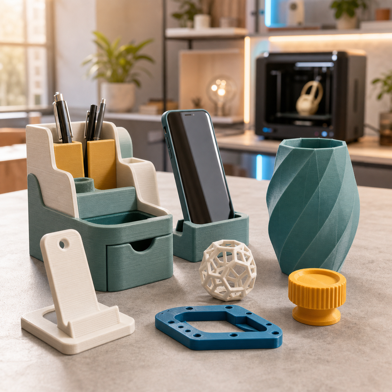 Colorful 3D printed desk objects and prototypes