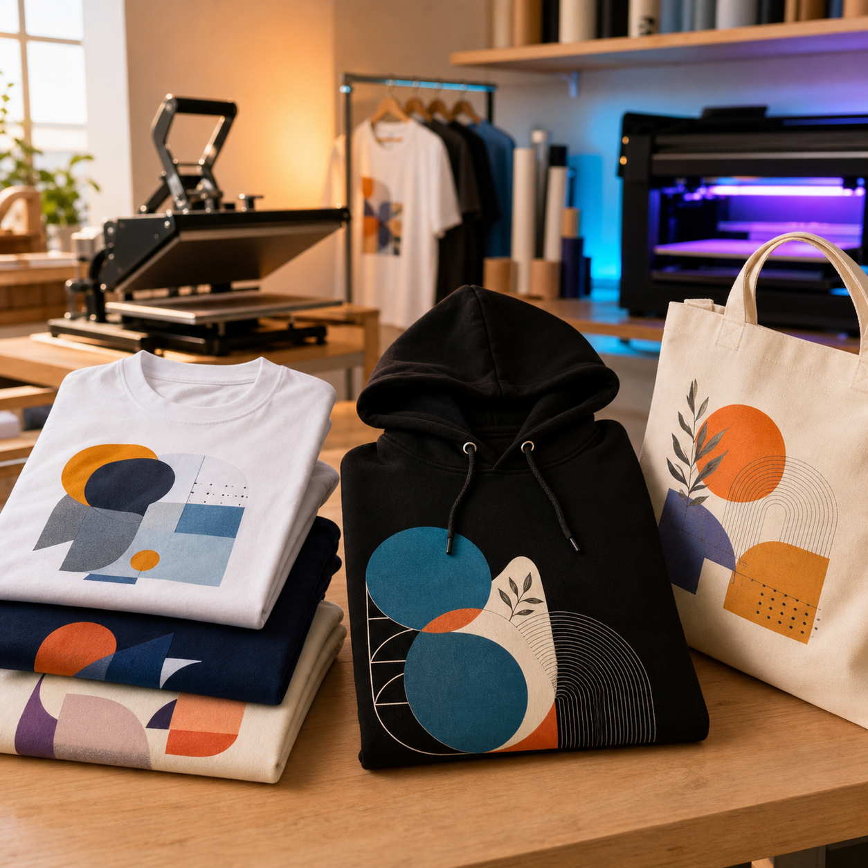 Folded custom DTF printed apparel and tote bag