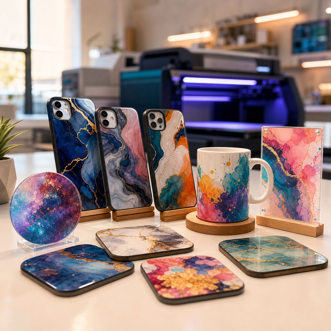 UV printed phone cases, coasters, mug, and acrylic gifts